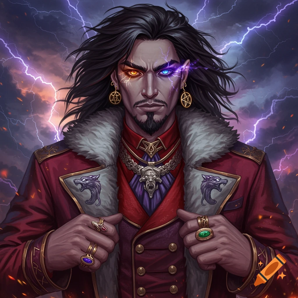 A dark fantasy character with long black hair, heterochromatic glowing eyes, and a goatee, wearing a red Victorian Gothic coat with a fur collar and wolf emblems, holding the lapels, against a stormy lightning background.