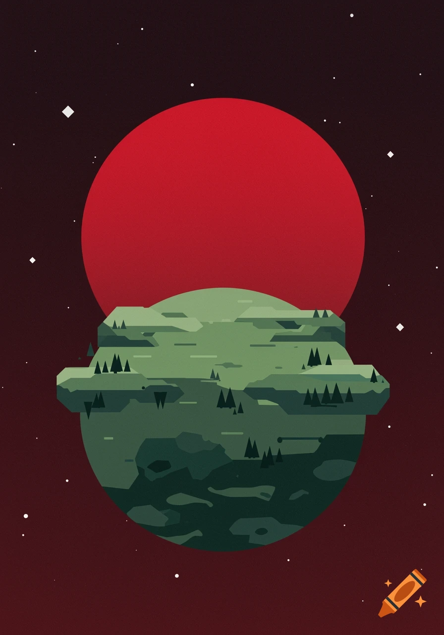 An abstract, simplistic painting of a green planet with geometric landforms and small trees, partially eclipsed by a large red moon, set against a dark red starry sky.