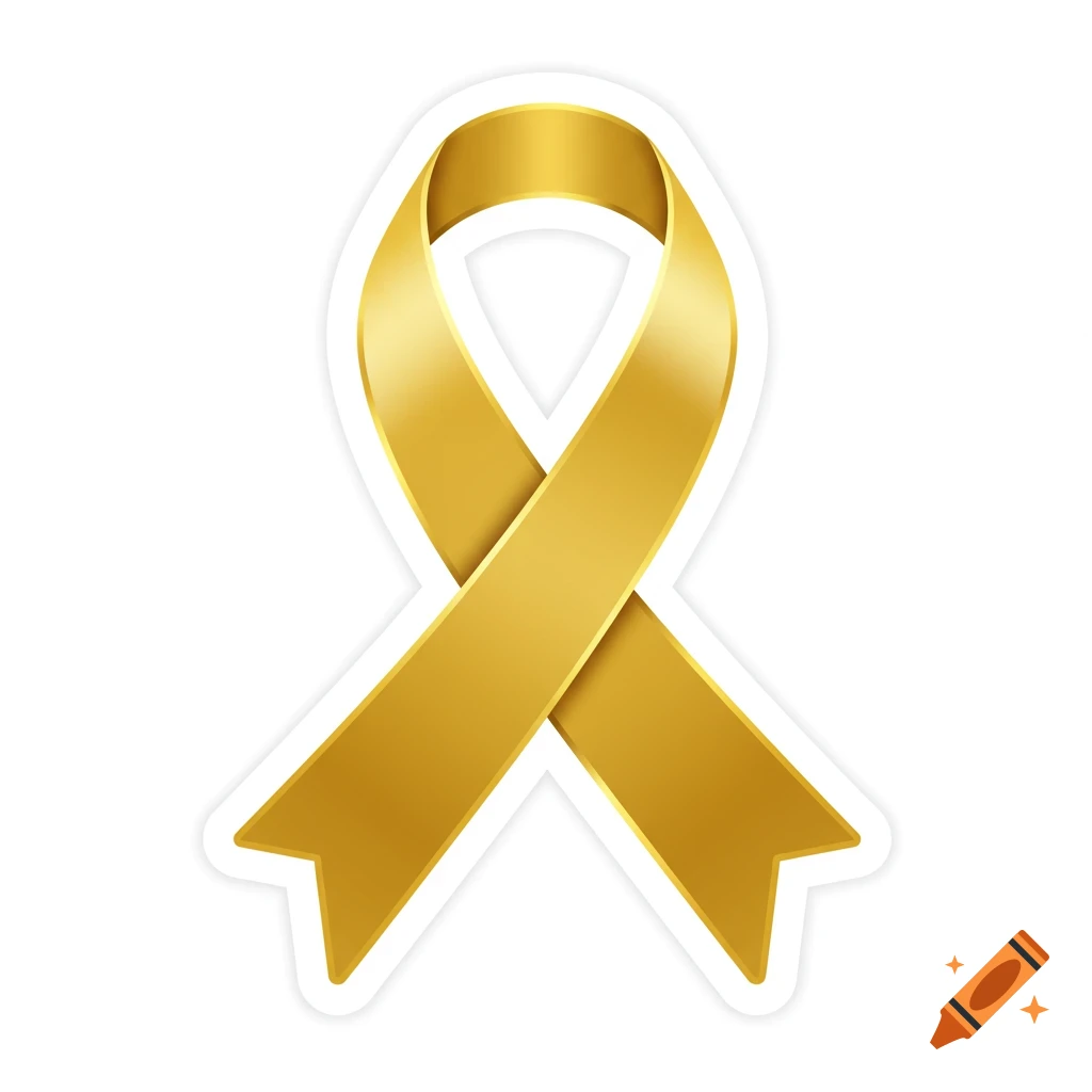 A shiny gold awareness ribbon sticker with a white outline.