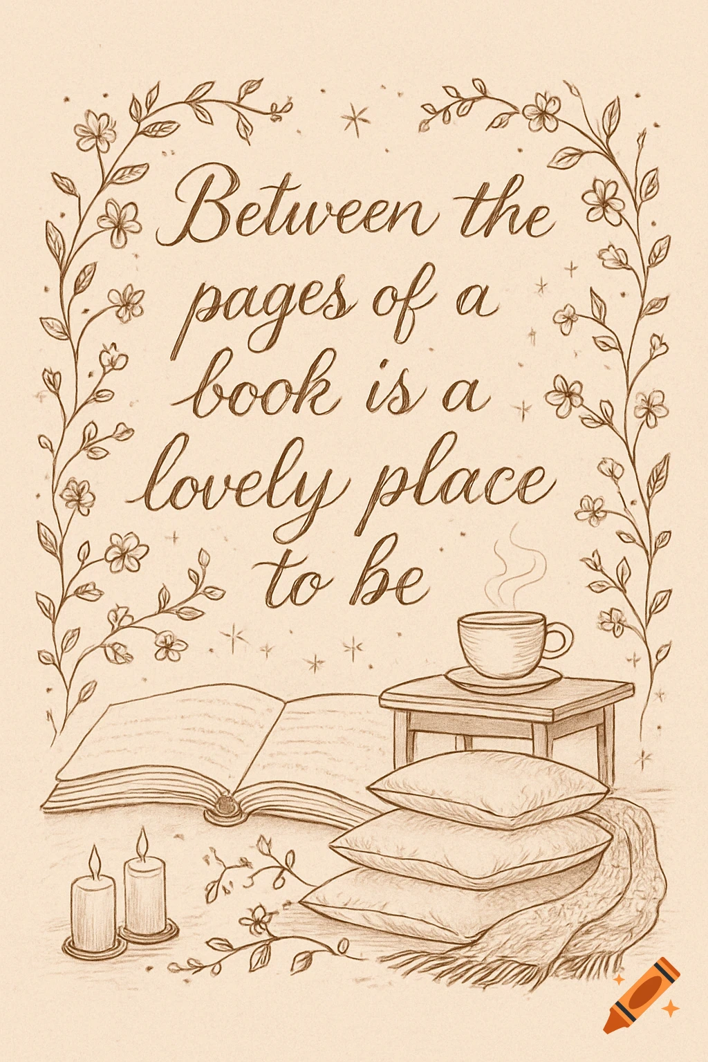 Vintage line art illustration with a quote about books, an open book, pillows, teacup, and candles, framed by floral vines.