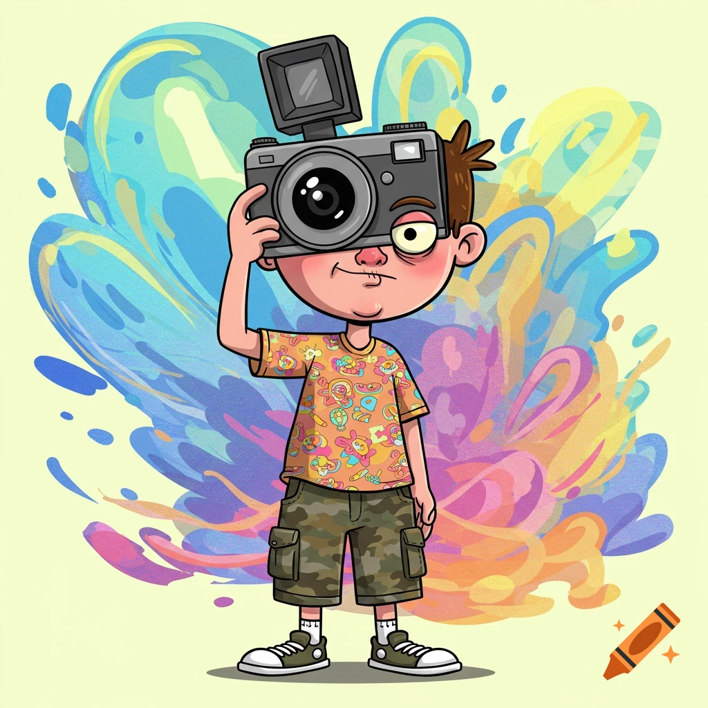 A 2D cartoon of a teen boy holding a camera to his face, with a goofy expression, against a vibrant abstract background.