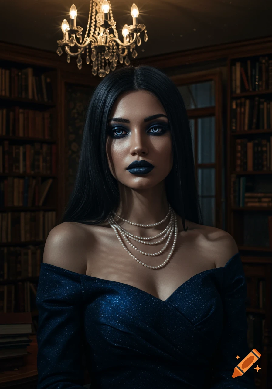 A woman with dark hair, dark makeup, and pale blue eyes wears a blue glitter dress and pearls in a dimly lit library.