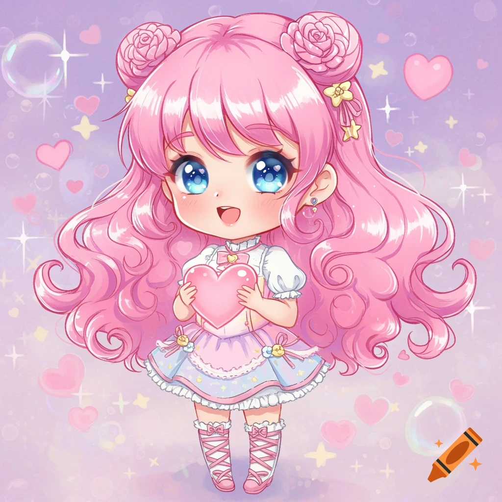 A pink-haired chibi girl with large blue eyes holding a pink heart, surrounded by hearts and stars on a purple background.