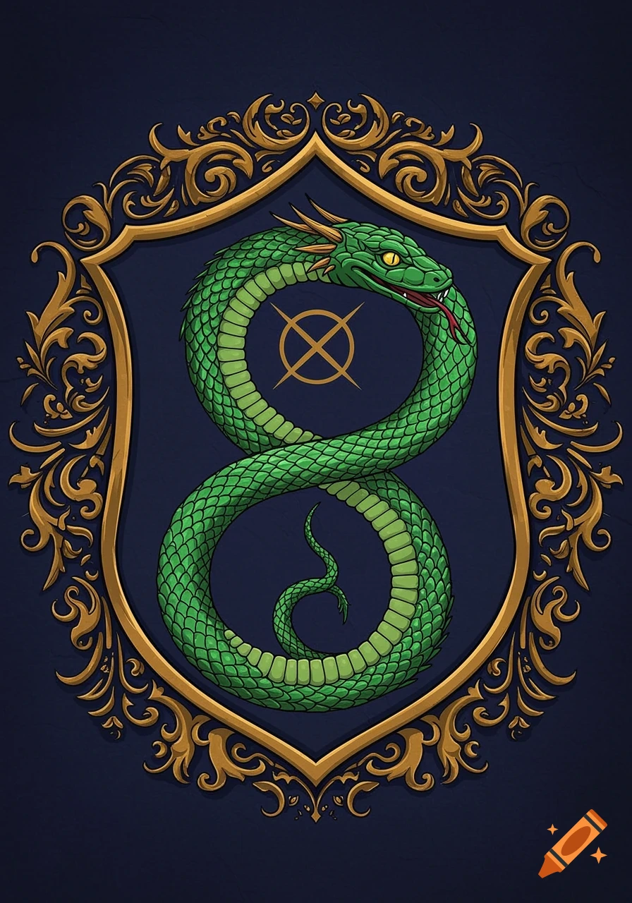 A green Ouroboros serpent forming a figure-eight, eating its tail, centered in an ornate gold and blue heraldic shield.