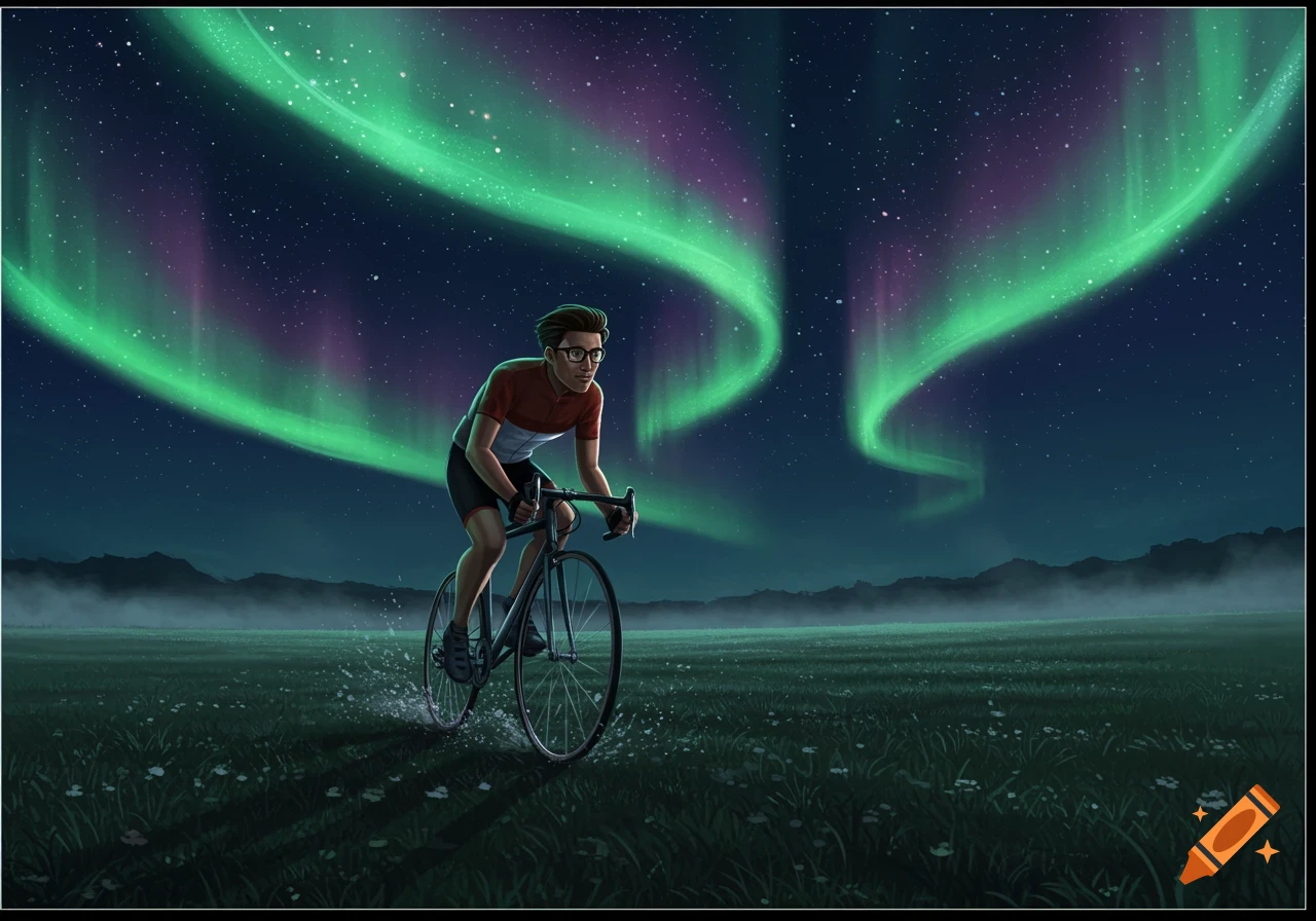 Illustrated man on a bicycle racing through an open field at night under a vibrant aurora borealis.