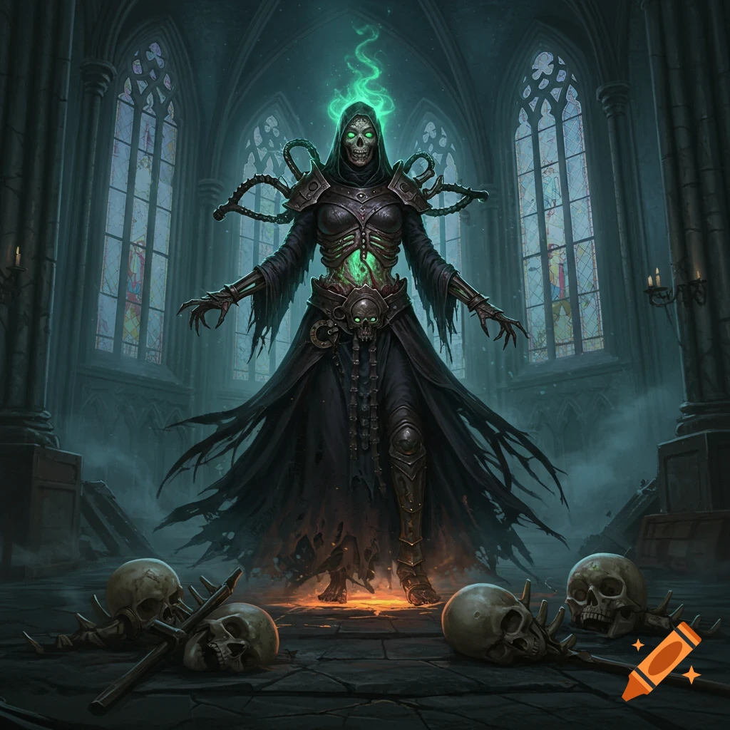 A menacing undead artificer with glowing green eyes and energy, armored, stands in a dark gothic church surrounded by skulls.