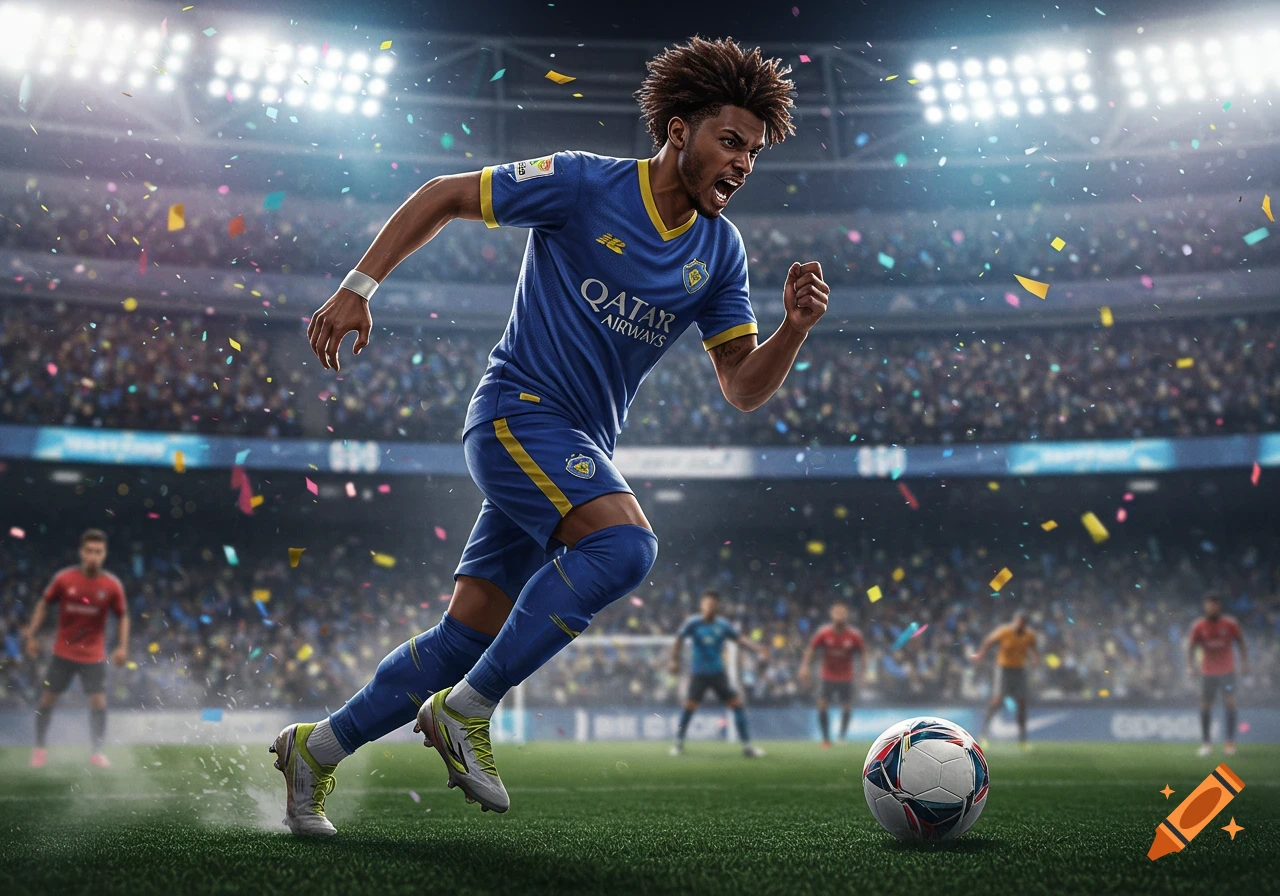 A male soccer player in a blue and yellow uniform runs with a soccer ball on a green field in a stadium with confetti falling.