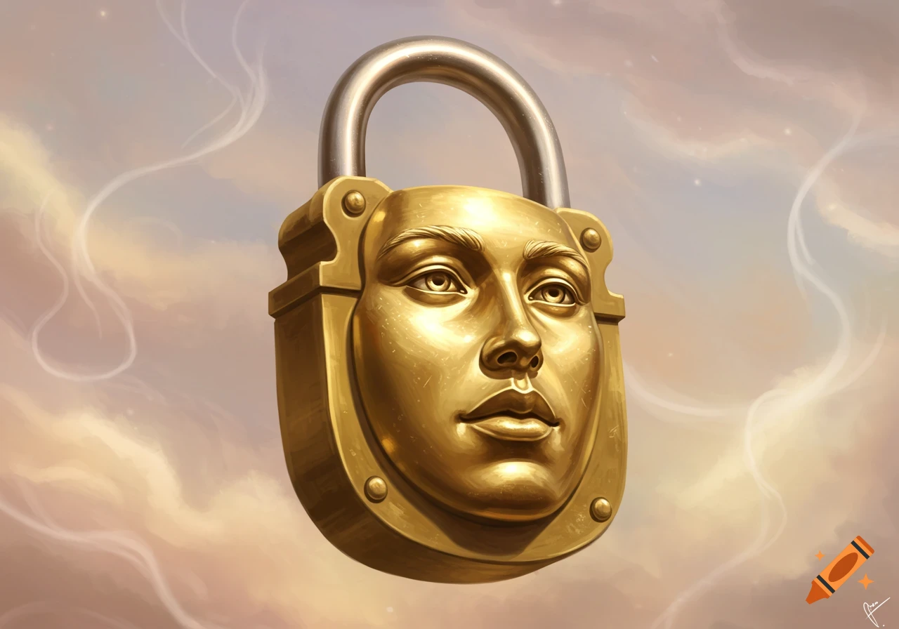 A shiny golden padlock with a detailed human face on its front, set against a soft, light-colored cloudy sky in a digital painting style.