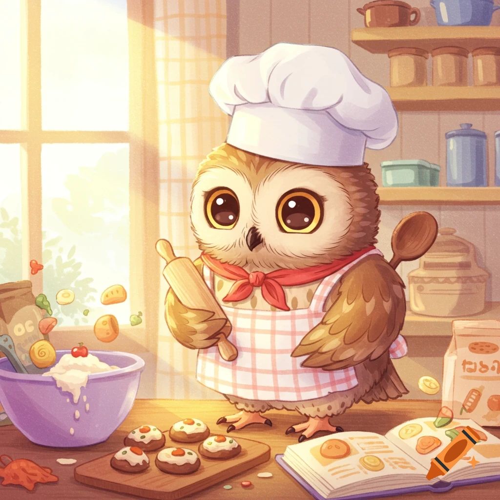A cute cartoon owl wearing a chef's hat and apron bakes cookies in a sunny kitchen, holding a rolling pin.