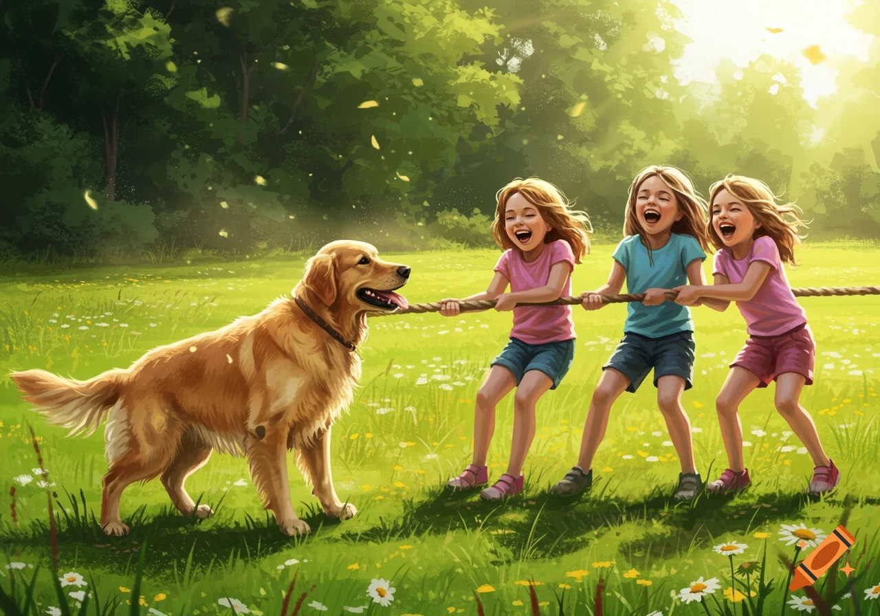 Three cheerful girls and a golden retriever play tug-of-war in a sunny, grassy field with white wildflowers.