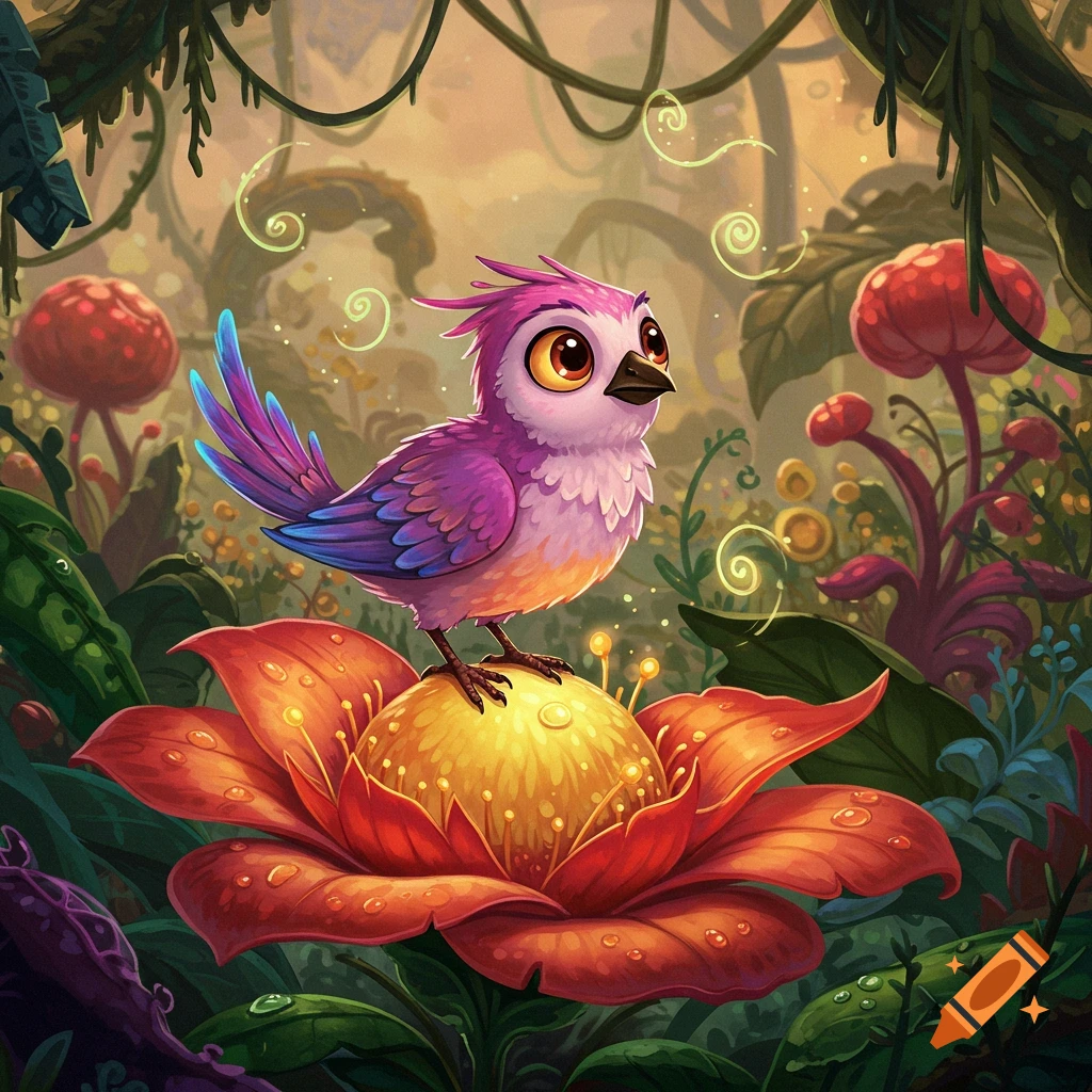 A cute, purple and blue cartoon bird with large eyes perches on a vibrant, glowing red and yellow fantasy flower in a lush jungle.