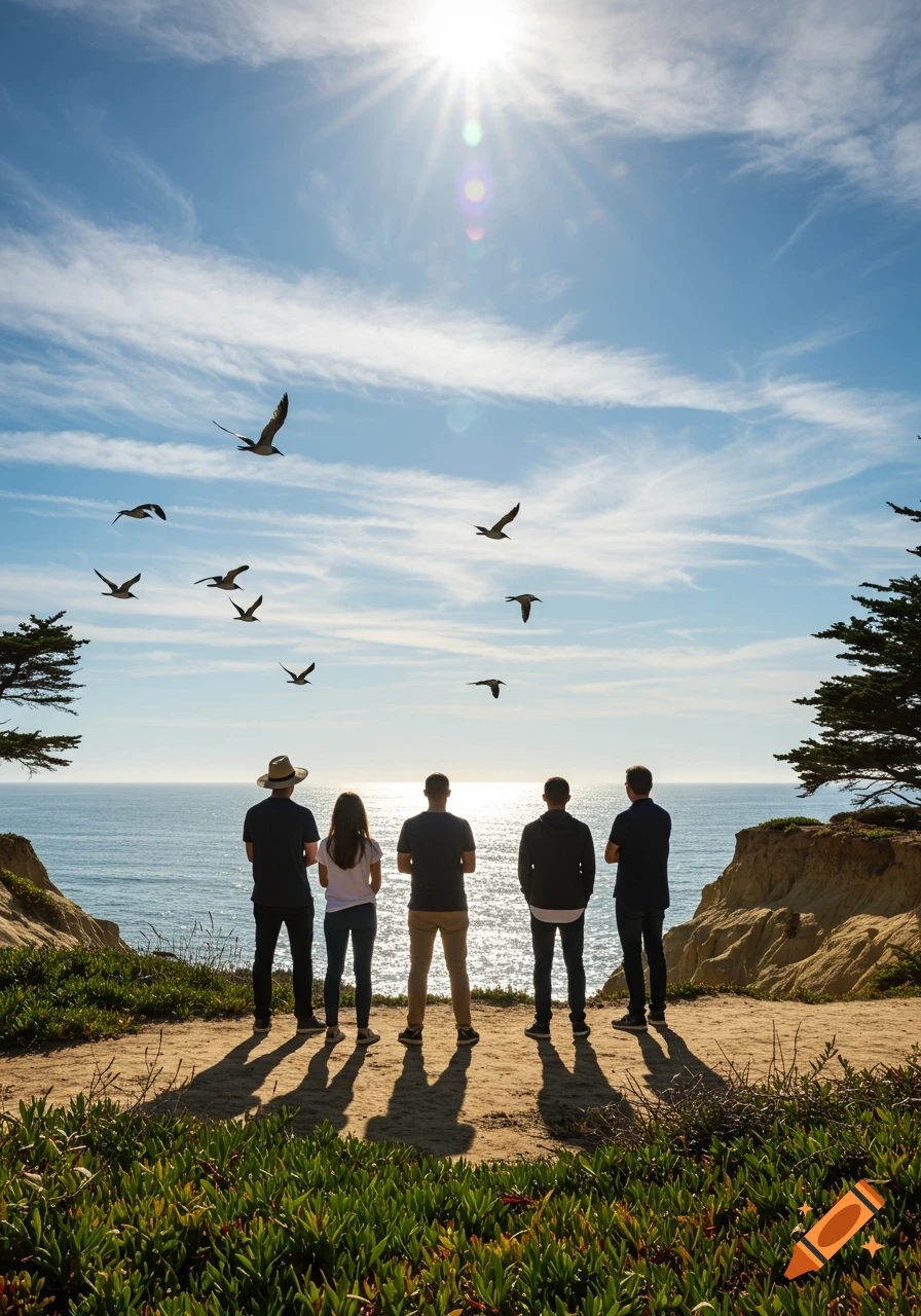 Five people stand on a cliff overlooking the ocean, watching birds fly in a bright sunny sky.