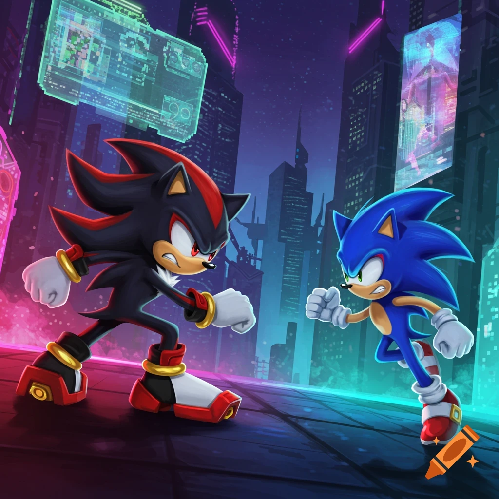 Shadow and Sonic the Hedgehog face off in a neon-lit futuristic city. The cartoon-style image shows the two characters in a confrontational stance.