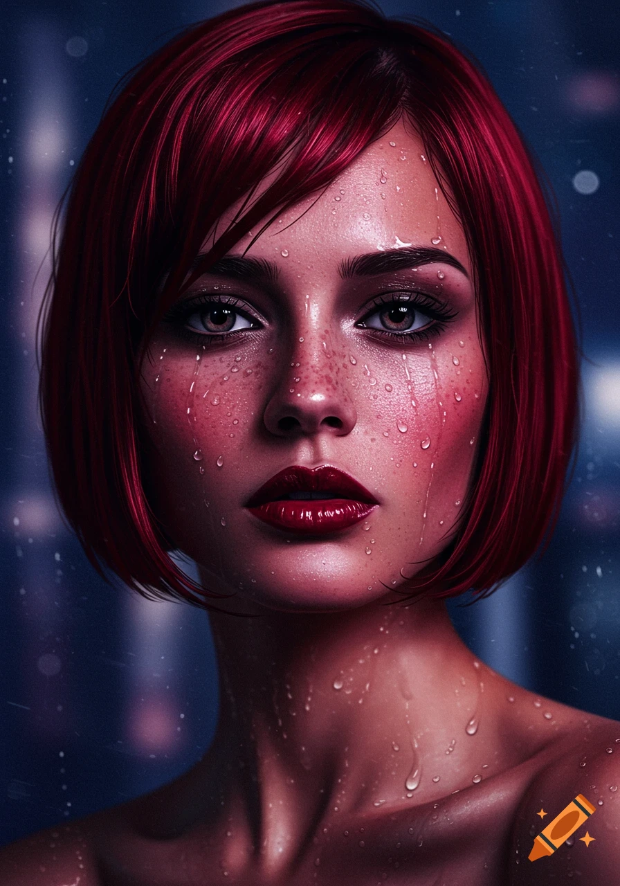 Close-up portrait of a woman with short red hair and dark red lips, her face covered in water droplets.