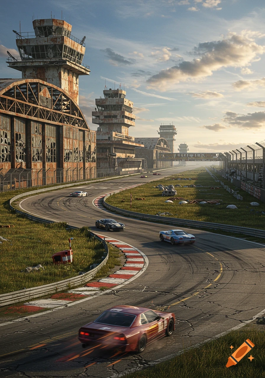 Race cars on a winding track with abandoned, dilapidated airport hangars and control towers in the background under a cloudy sky.