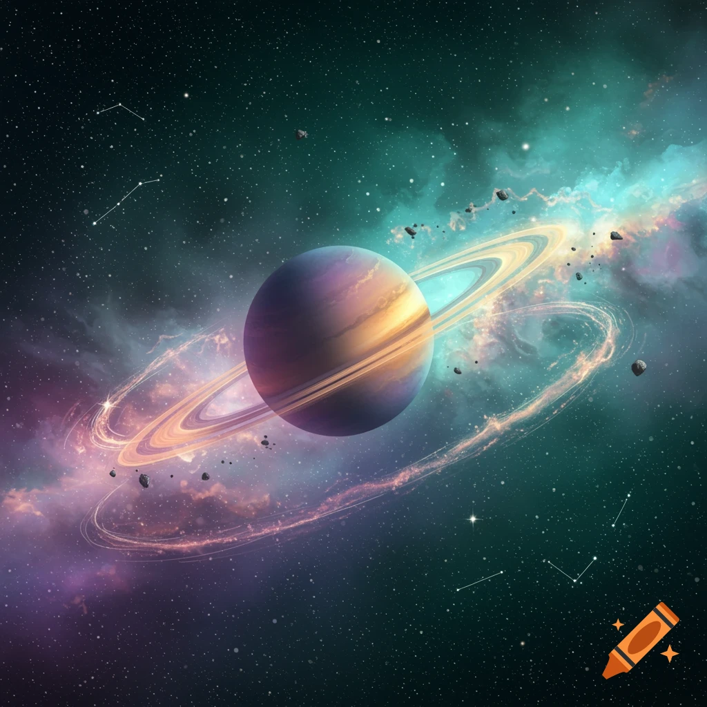 A vibrant planet with prominent rings, surrounded by nebulae, stars, and asteroids in a colorful galaxy.