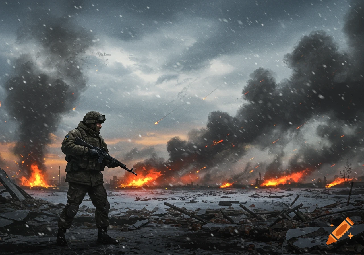 A soldier stands in a snow-covered, war-torn landscape amidst fires and smoke under a cloudy sky.