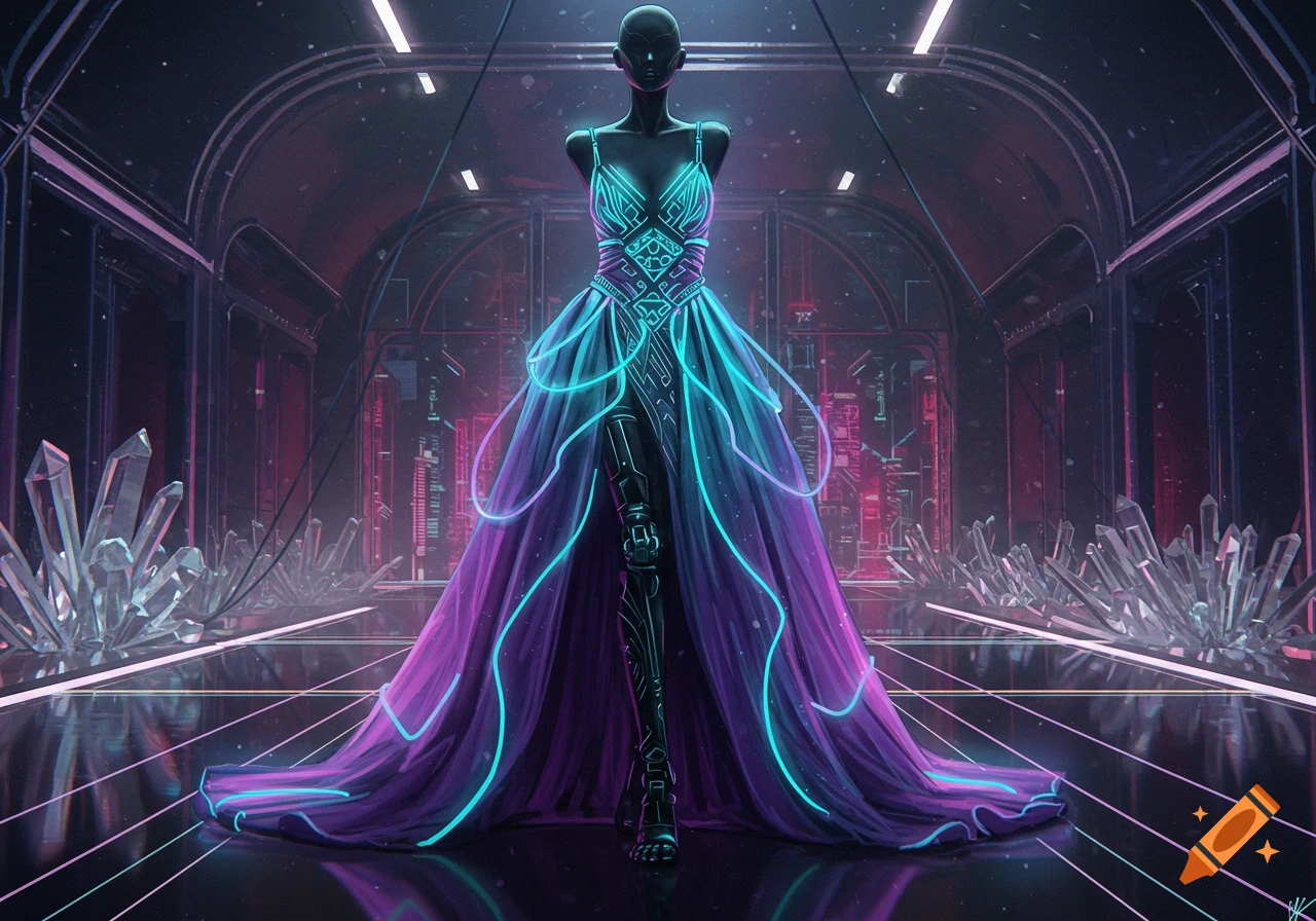 A black mannequin-like figure in an elegant purple and cyan glowing cyberpunk dress stands in a futuristic room with crystals.