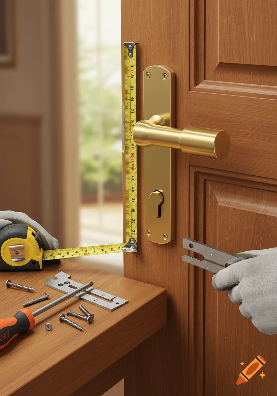 Gloved hands measure a wooden door with a tape measure to install a new brass lock, with tools on a wooden surface in a photorealistic style.