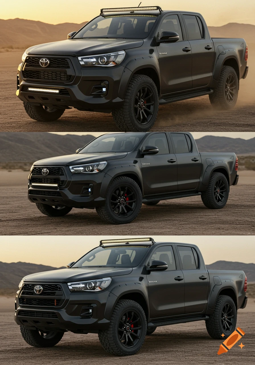 A matte black Toyota Hilux truck with custom off-road modifications is shown in three panels in a desert setting.