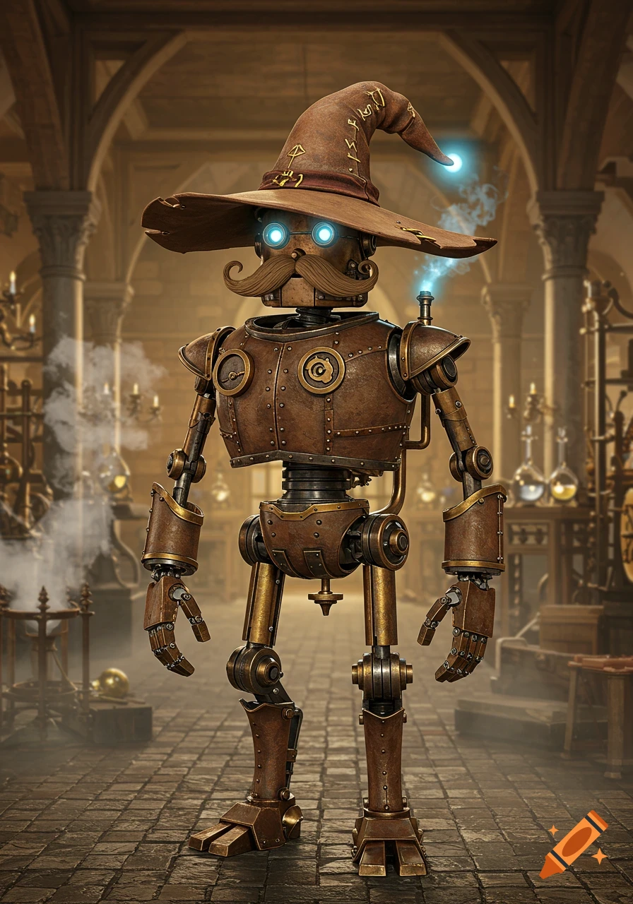 Full body portrait of a detailed steampunk robot with a metal mustache, wearing a wizard hat, standing in an old, grand laboratory.