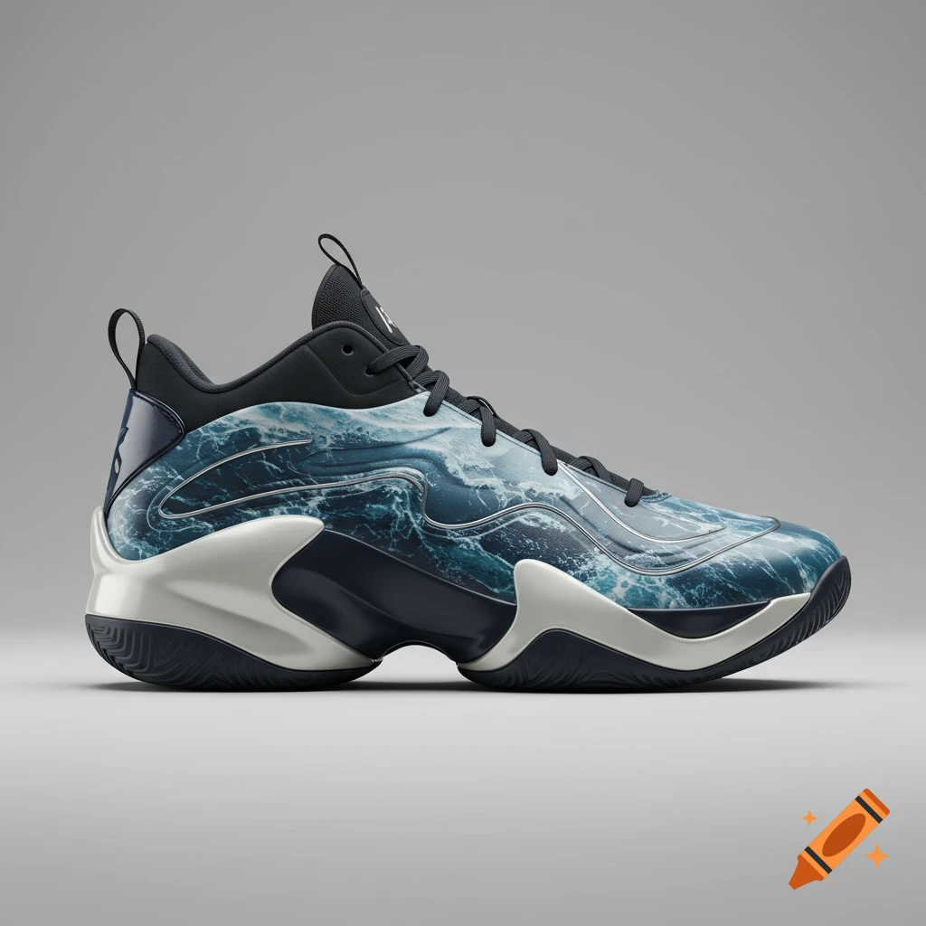 A sleek, photorealistic basketball shoe with a blue and white ocean wave pattern and black and white accents, presented against a gray background.