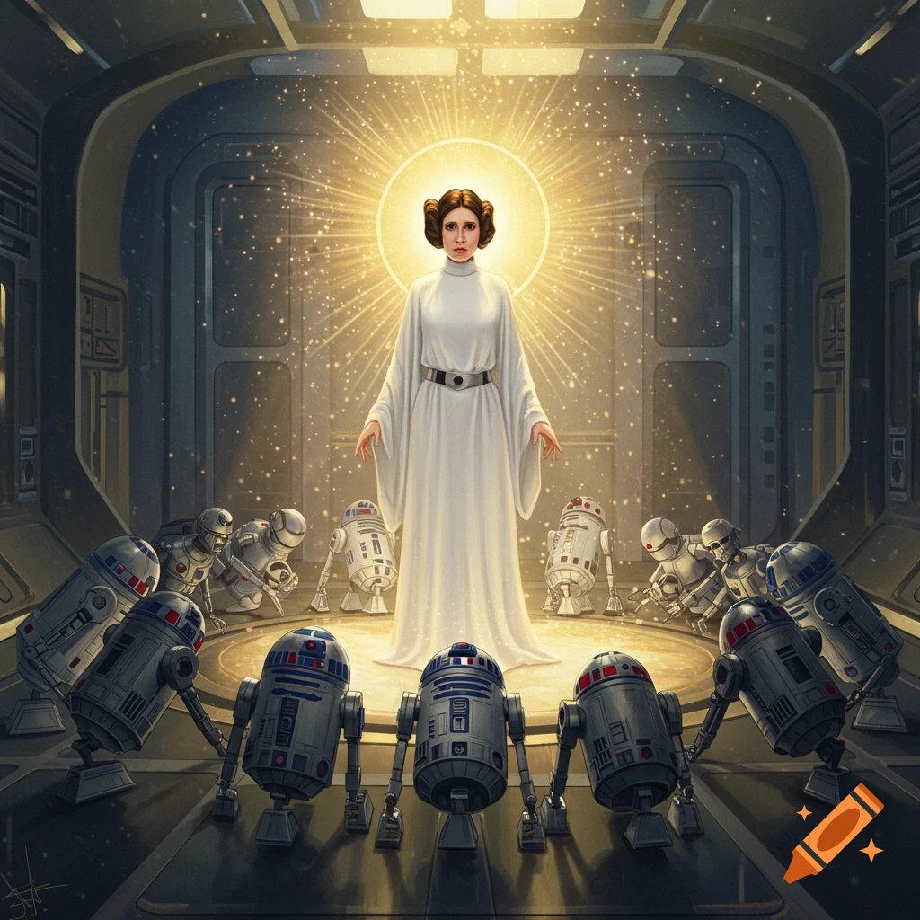 Princess Leia with a radiant halo stands as numerous R2-D2 and C-3PO-like droids bow before her in a futuristic, metallic chamber.