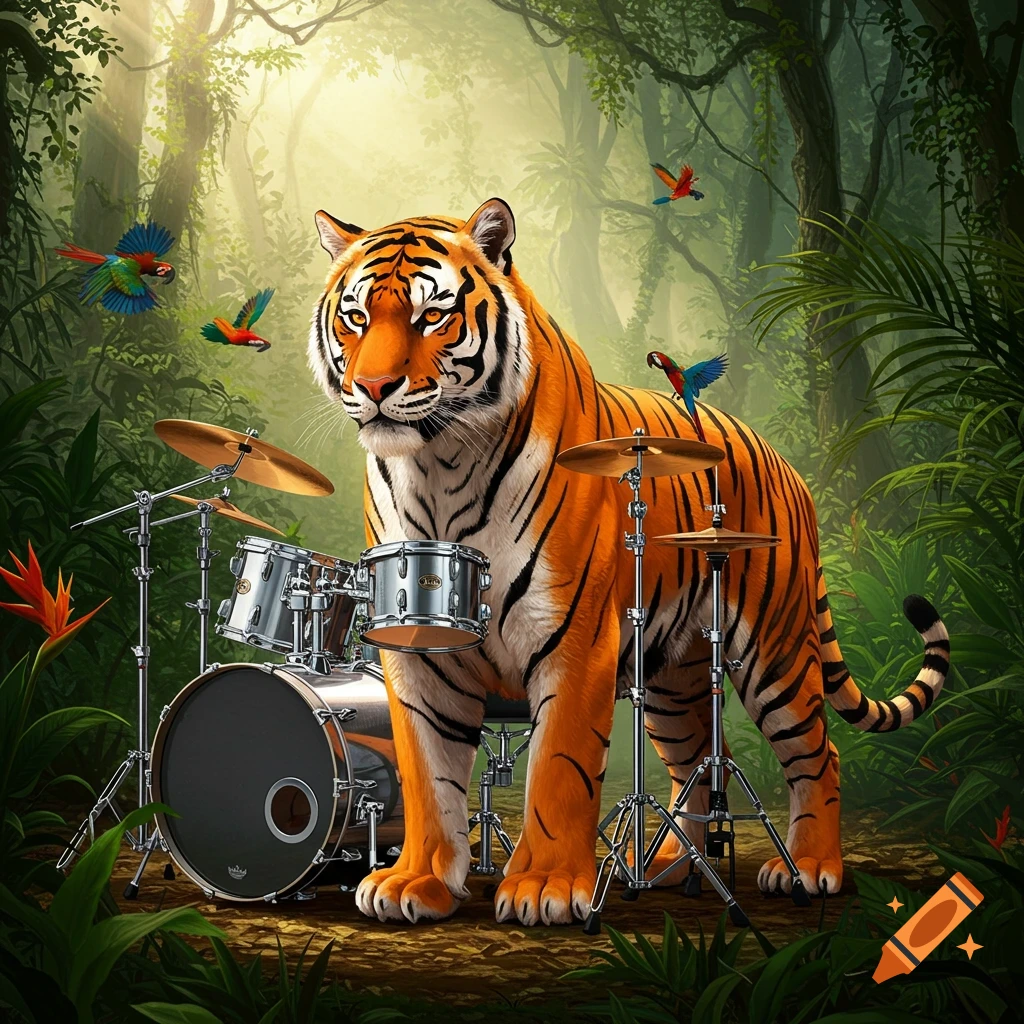 A large tiger stands amidst a drum set, fused with parts of it, in a lush jungle with parrots flying around.