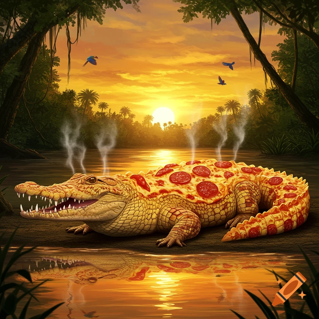 A photorealistic crocodile with a pepperoni pizza crust on its back lies on a riverbank in a lush jungle at sunset, steam rising from its body.