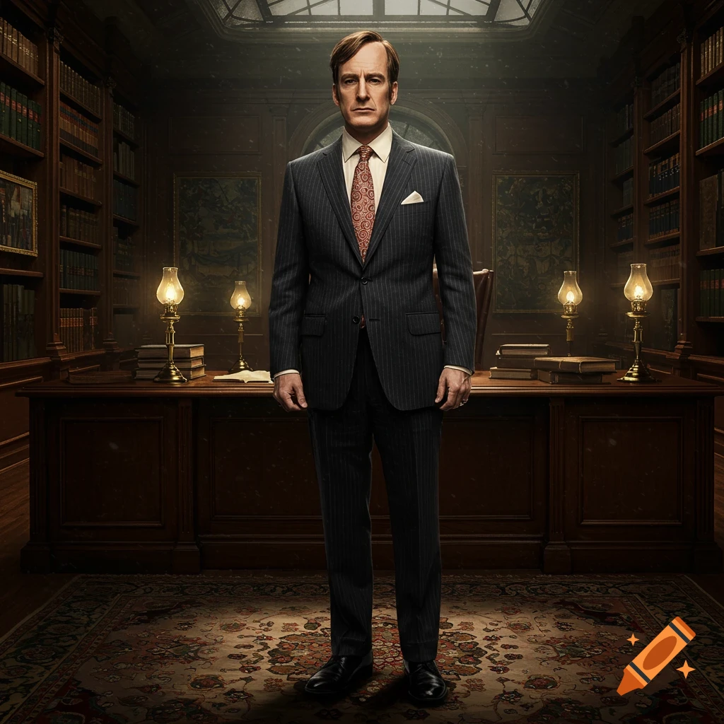 A man in a pinstripe suit, resembling Saul Goodman, stands in a dark, richly decorated Victorian library.