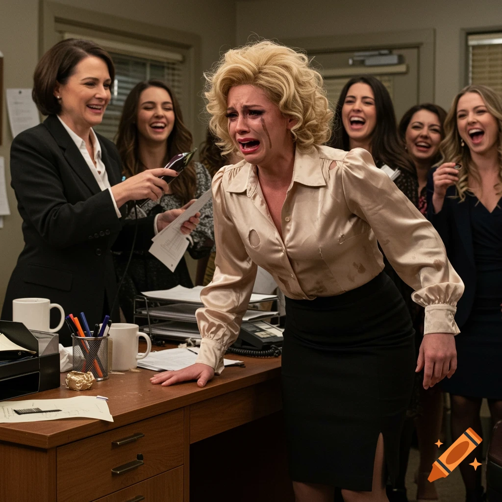 A photorealistic image of a woman with ruined mascara and torn blouse crying as other women laugh at her in an office.