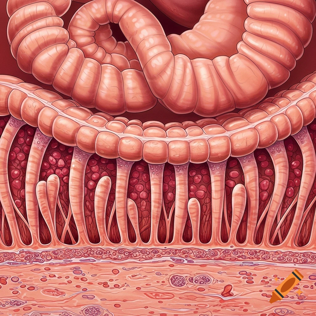 Detailed biological illustration of the ileum showing villi, mucosa, and submucosa layers.