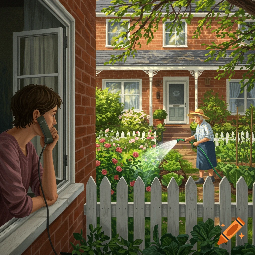 A person looks out a window talking on an old-fashioned phone, watching their neighbor water a vibrant garden in front of a brick house.