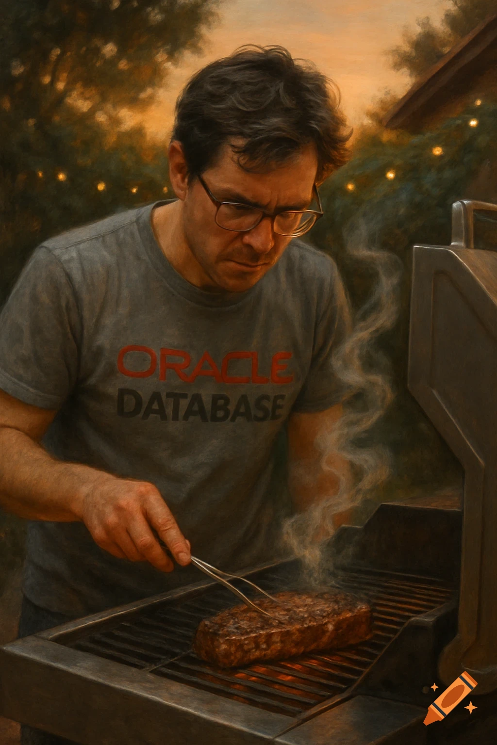 A man in glasses wearing an Oracle Database shirt grills a steak on a barbecue at sunset, in a photorealistic painting.