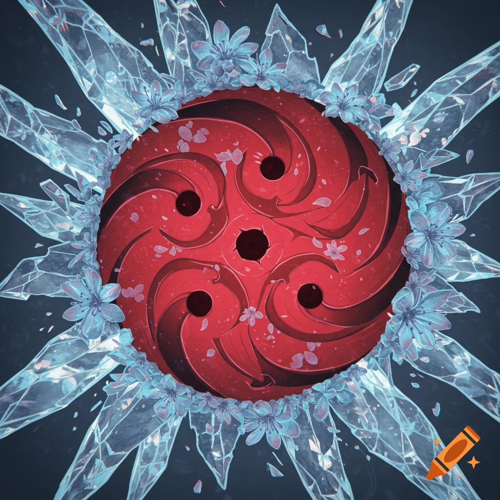 A stylized red Mangekyo Sharingan eye pattern encircled by light blue ice crystals and small blue flowers on a dark background.