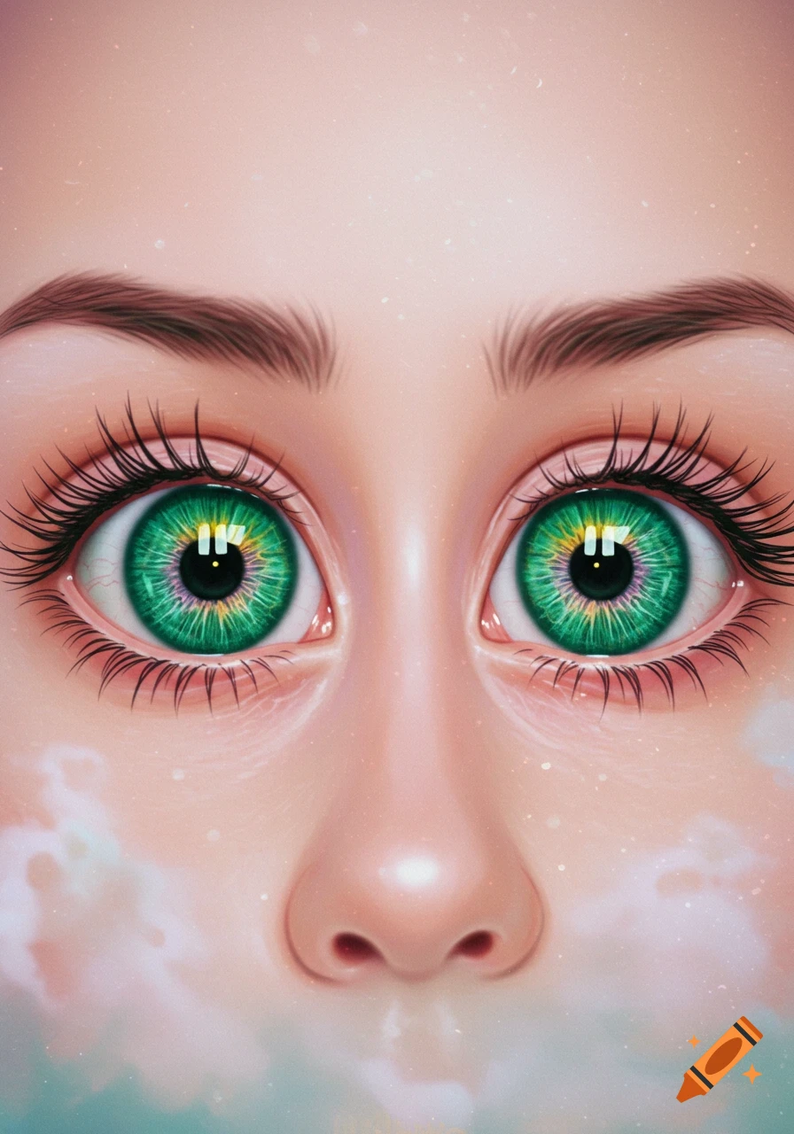 A close-up digital painting of a person's wide, vivid green eyes with long lashes and a small nose, against a soft, hazy background.