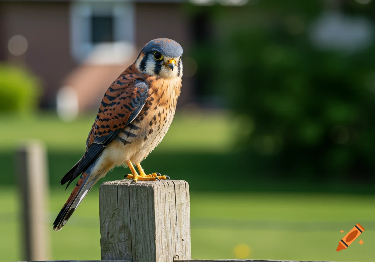 A detailed photorealistic image of an American Kestrel with blue-gray and reddish-brown plumage perched on a weathered wooden post.