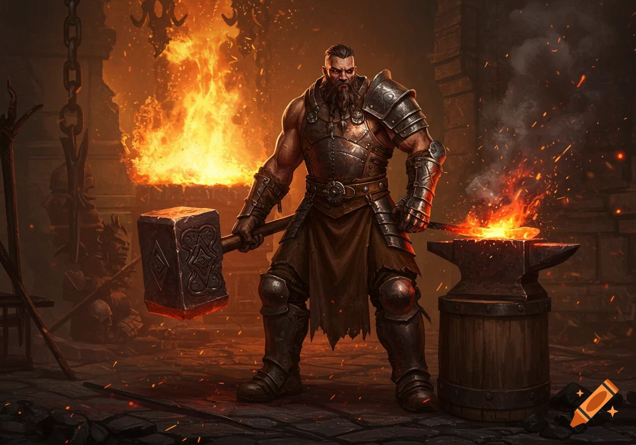 A strong, armored blacksmith stands in a glowing forge, holding a large hammer next to an anvil.