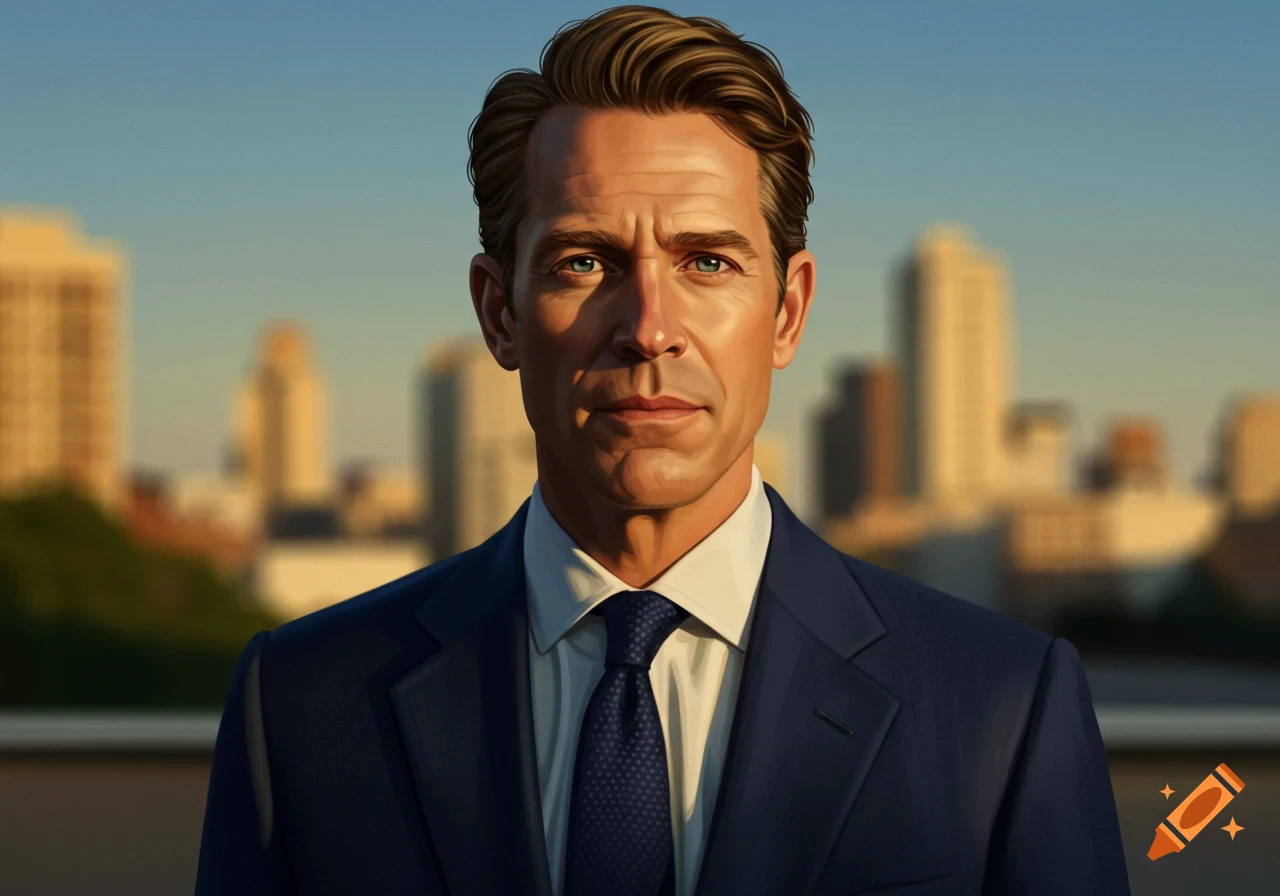 Photorealistic portrait of a man in a dark blue suit and tie, against a blurred city skyline at sunset.