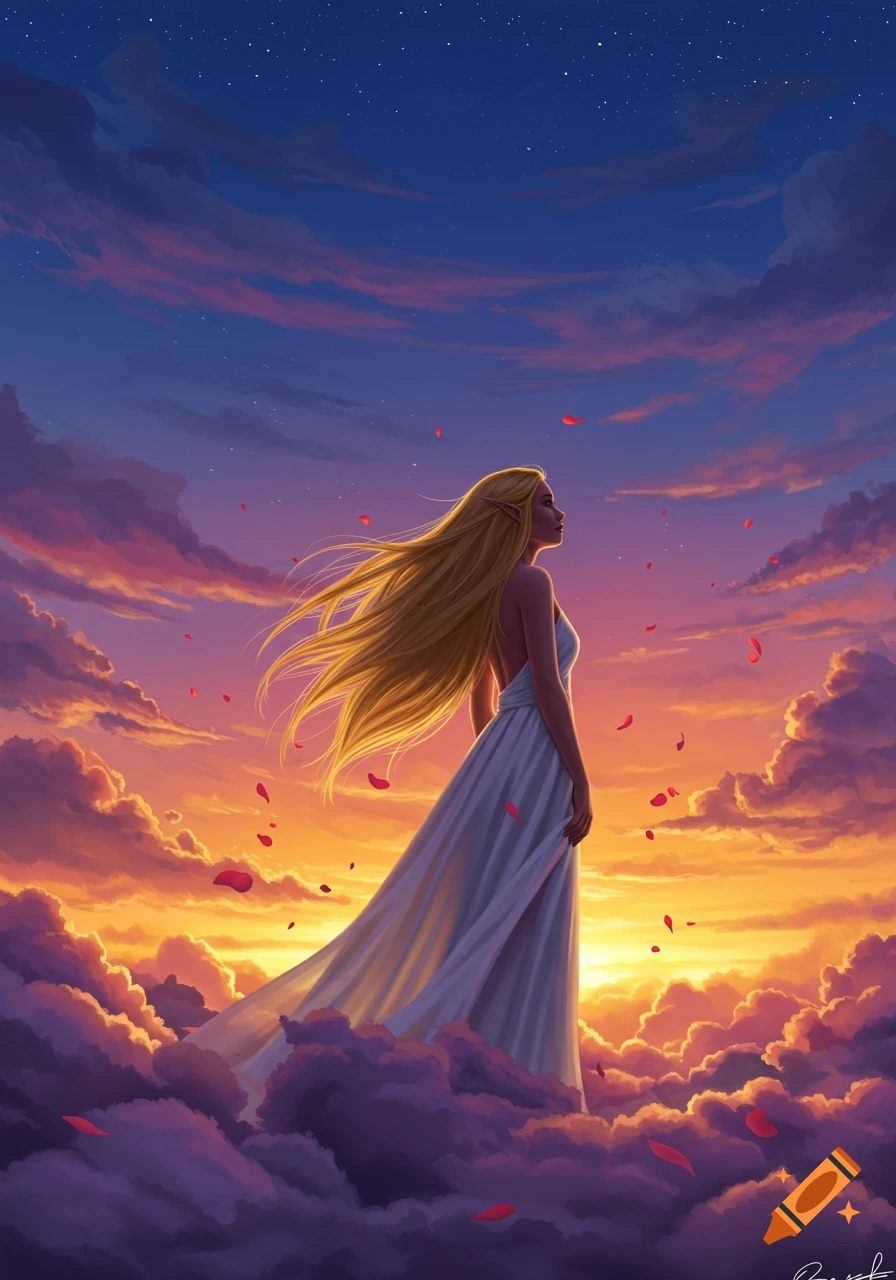An ethereal digital painting of an elf woman with long blonde hair in a white dress, standing amidst purple clouds against a vibrant sunset sky with falling red petals.
