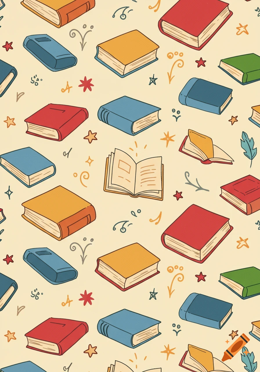 A seamless pattern of colorful, hand-drawn books in red, yellow, and blue, scattered with small stars and swirls on a light background.
