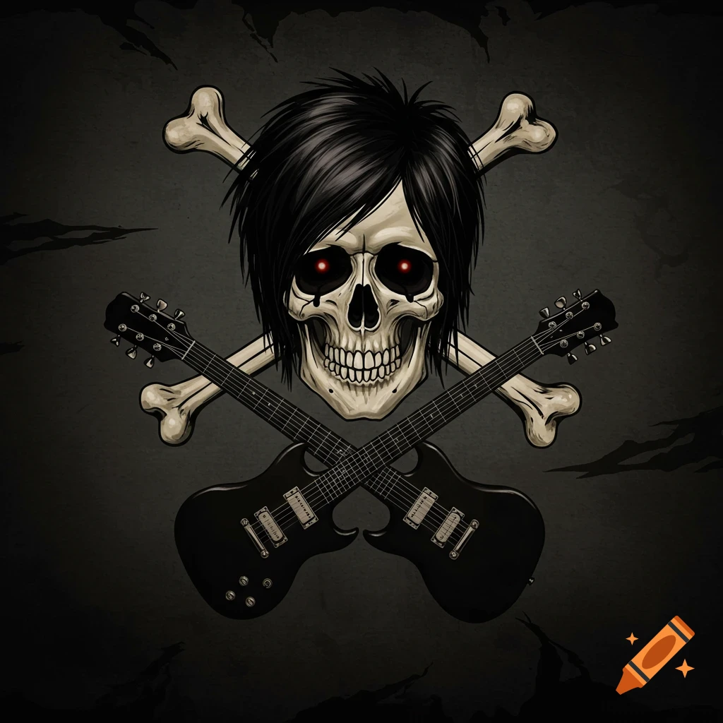 An emo-style skull with black hair and red eyes above two crossed black electric guitars and bones on a dark, grungy background.