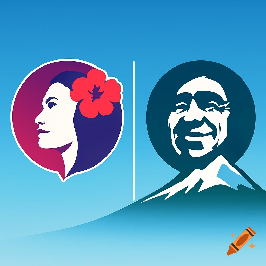 Two stylized airline logos, one of a woman with a hibiscus flower and another of a man with a mountain, against a blue background.