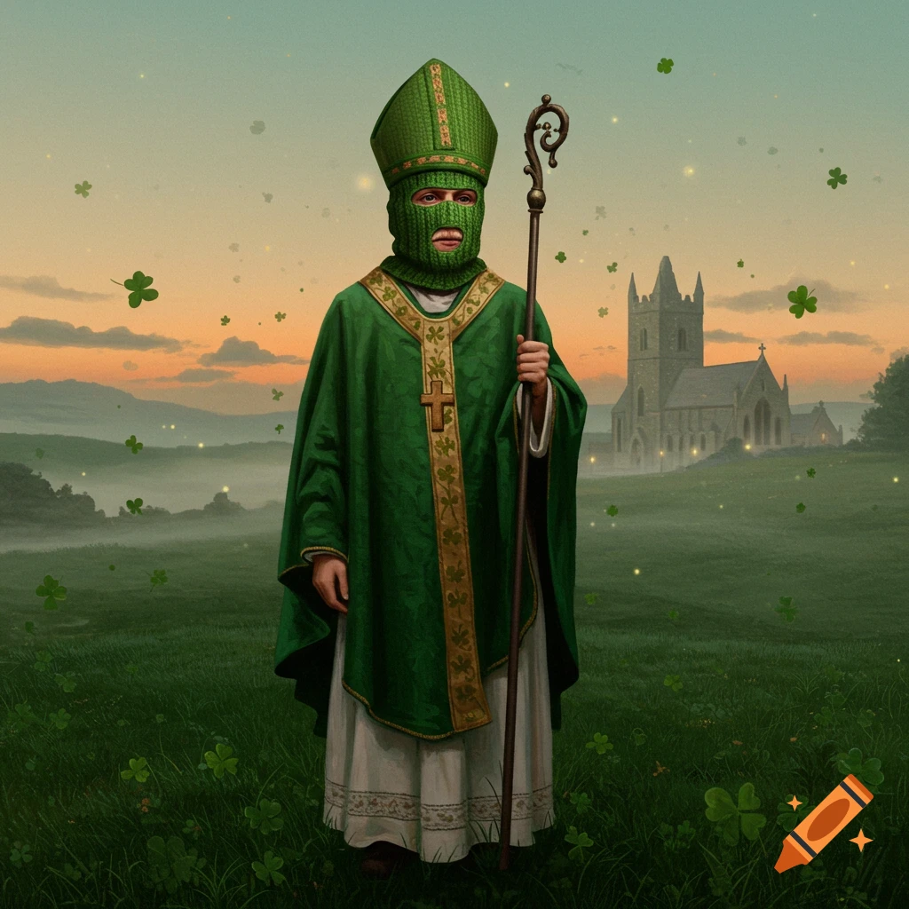 A bishop-like figure in green vestments and a balaclava holds a crozier in a shamrock field with a church at sunset.