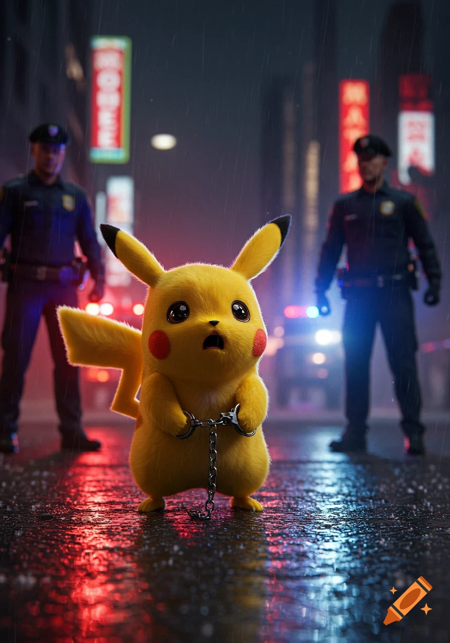 Photorealistic Pikachu in handcuffs on a wet street at night, with two police officers in the background and flashing lights.