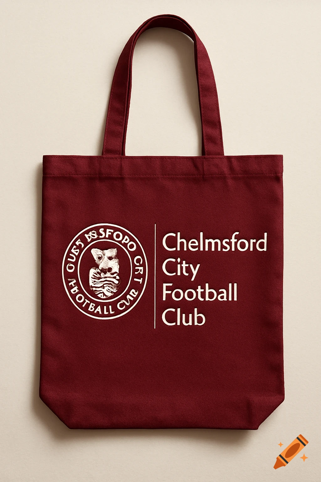 A maroon cotton tote bag featuring the white logo of Chelmsford City Football Club on the left and the club name written vertically to the right.