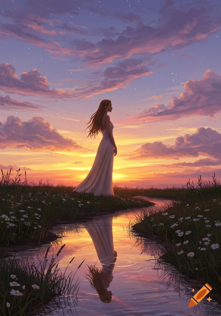 A woman in a flowing dress stands by a winding stream at sunset, looking into the distance with a starry sky above. Digital art.