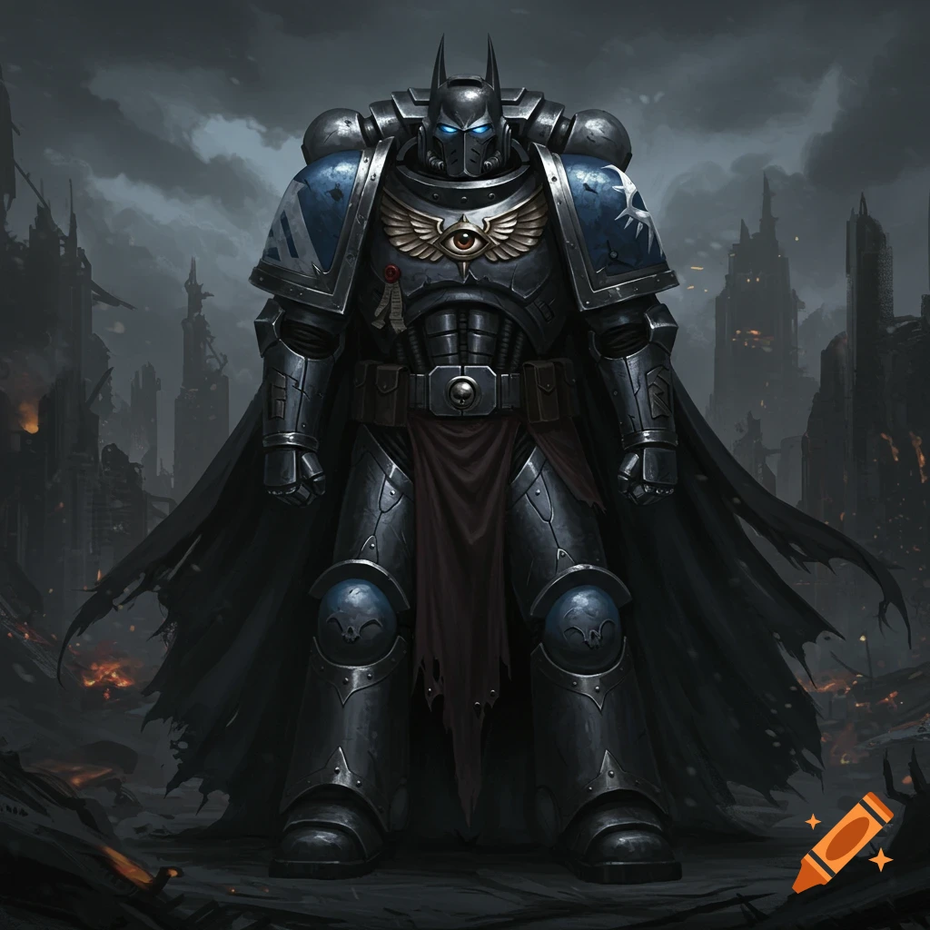 A dark armored warrior with Batman-like helmet and blue glowing eyes stands menacingly in a ruined city under a stormy sky.