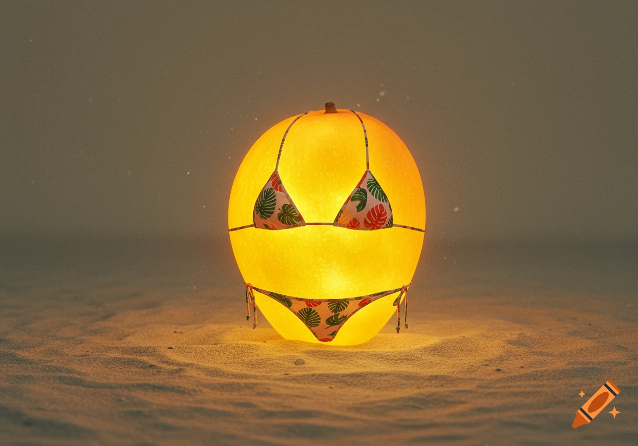 A glowing mango-like fruit wearing a tropical bikini sits on sand.
