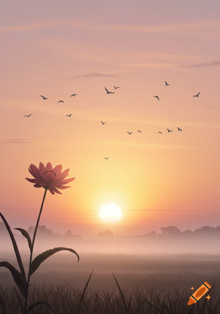A vibrant red flower in the foreground of a misty field at sunrise with birds silhouetted against the warm sky.